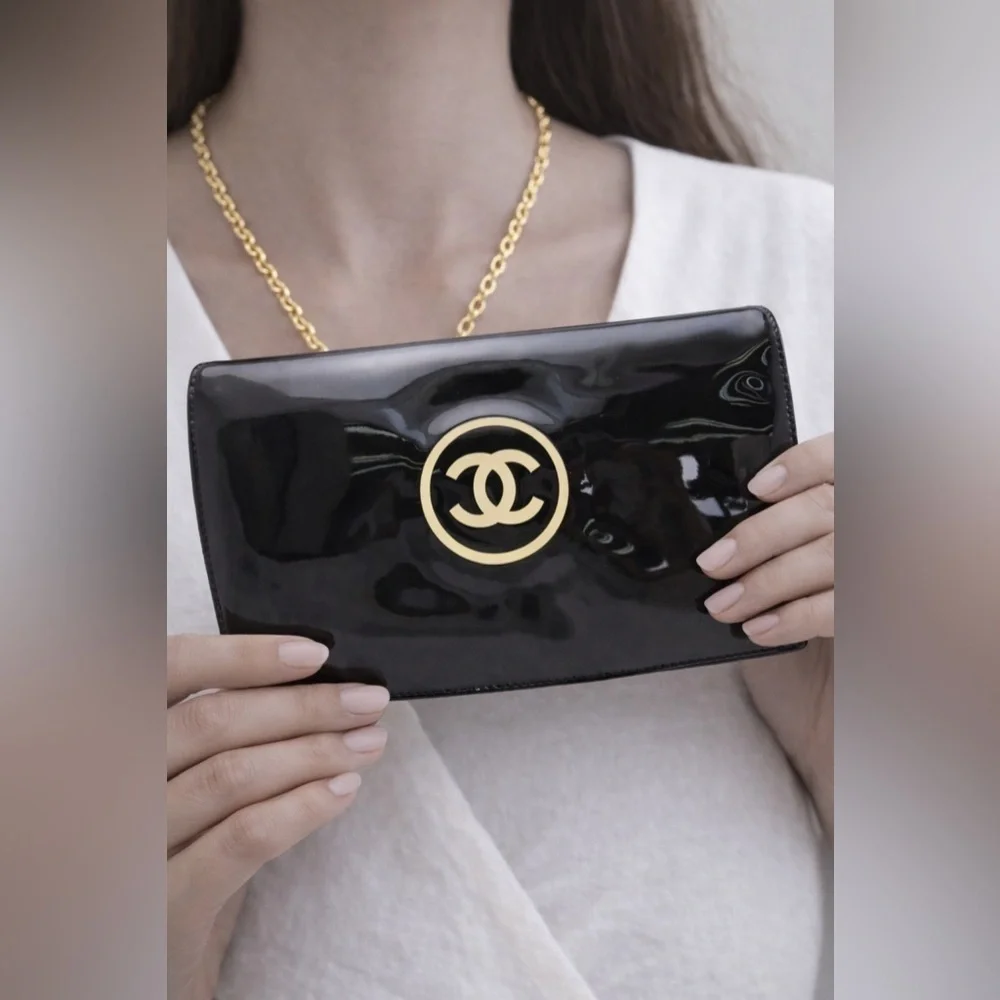 Chanel Black Patent CC Logo Flap Wallet